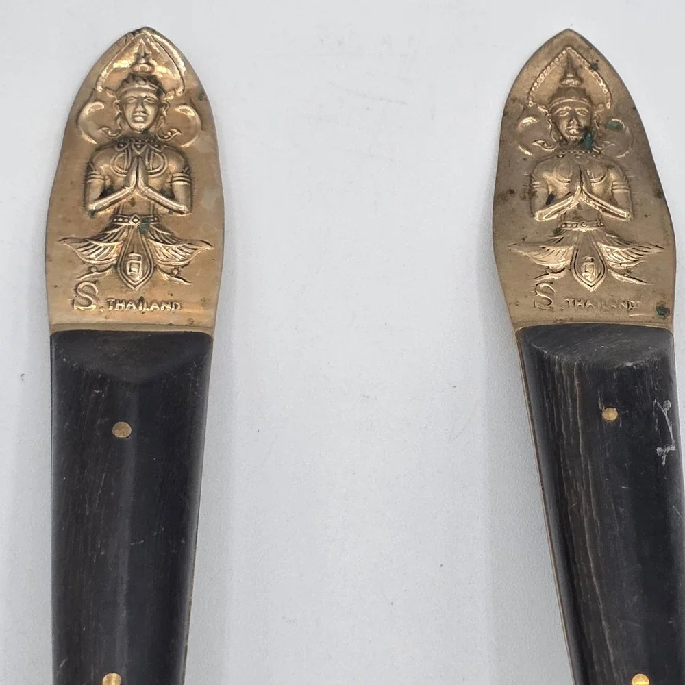 Vintage Thai Buddha Figurine Twisted Handle Serving Spoon Fork Set‎ Brass Black